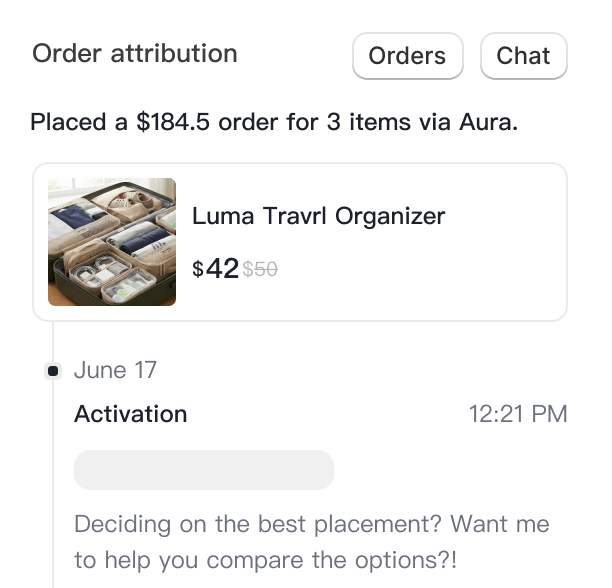 Order attribution card and code snippet preview